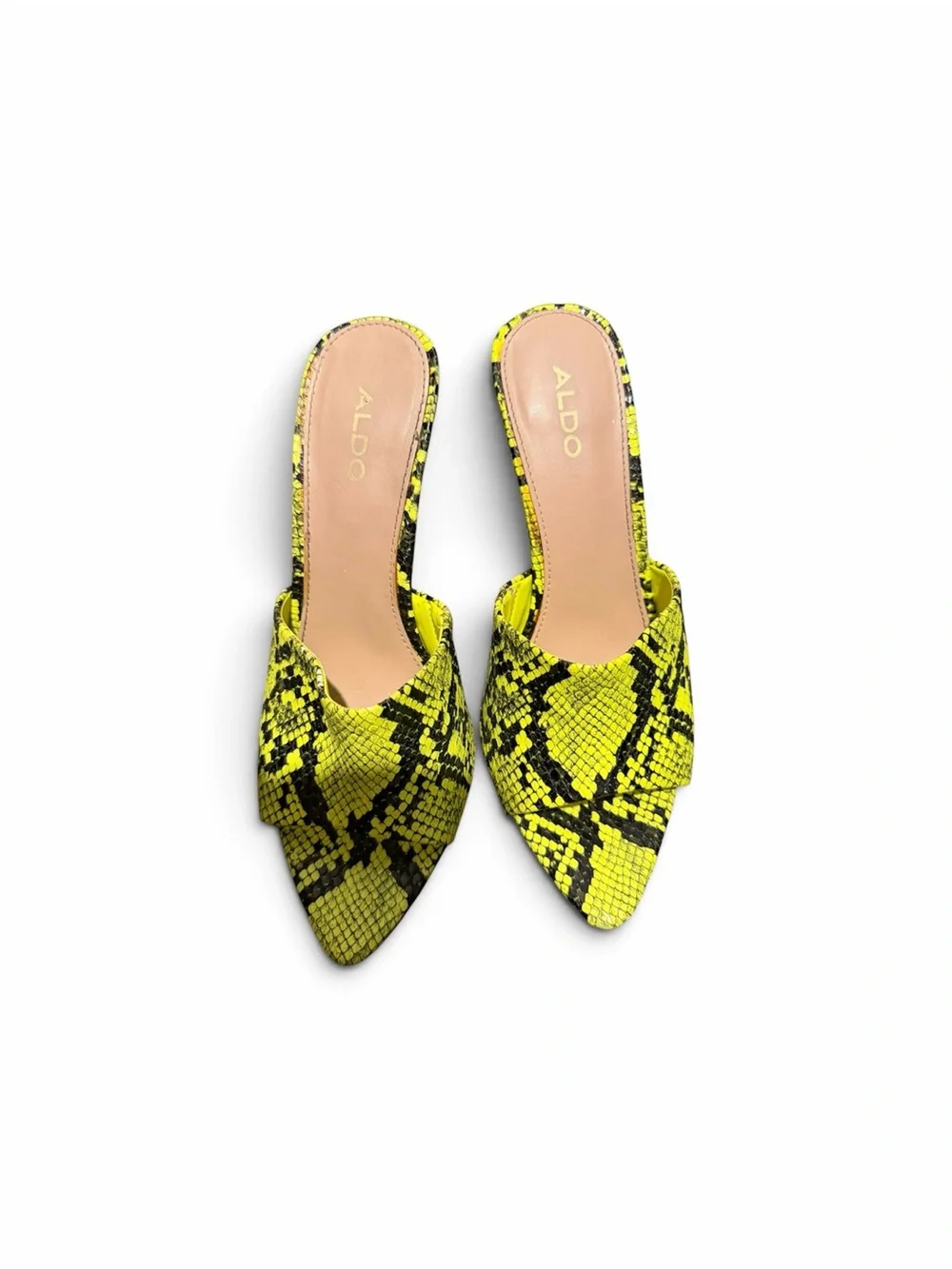 Aldo Neon Yellow and Black Snake-Print Stiletto Mules